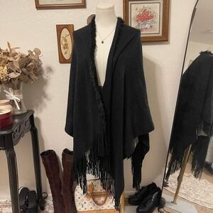 Vintage Y2K Rabbit Fur‎ Trim Fringe Wrap Shawl